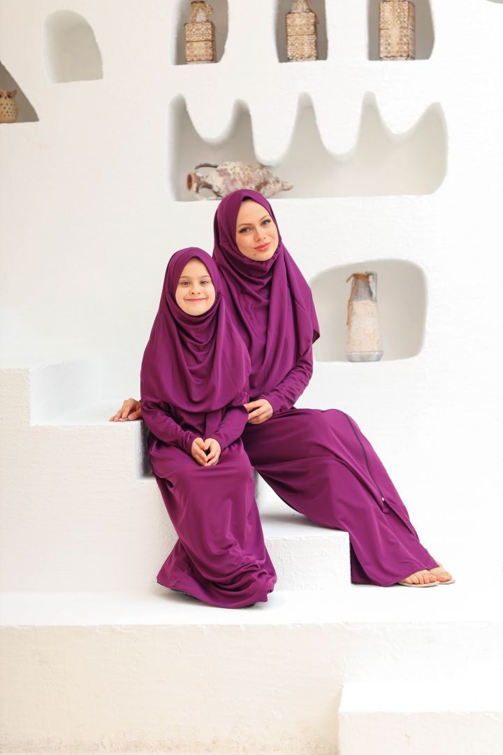 Tek Parça Fermuarlı Anne - Çocuk Kombini  Namaz Elbisesi Mürdüm
